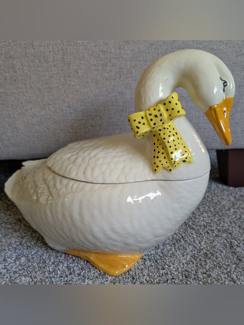 Vintage 1984 Sittre Group Ceramic Goose Cookie Jar Yellow Polka Dot Bow Kitchen